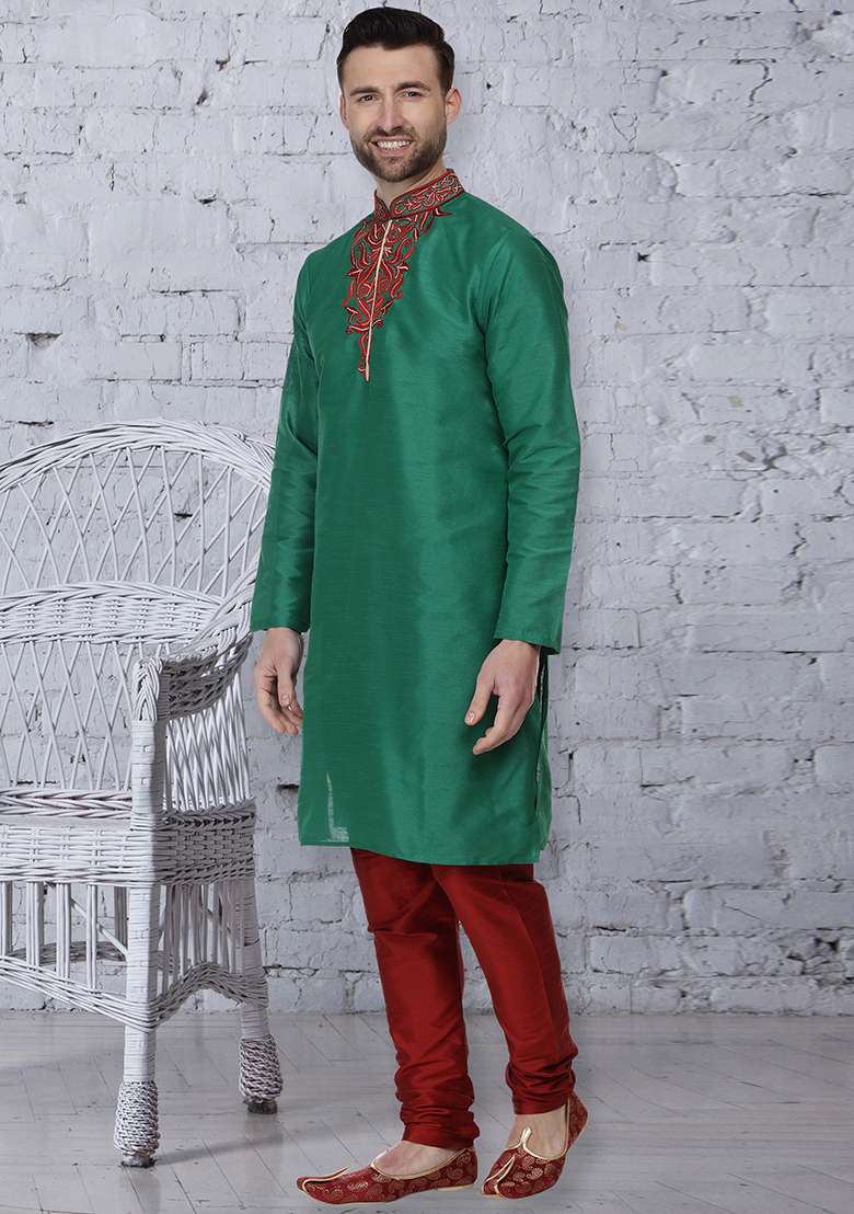 Green Embroidery Sequins Work Dupion Silk Blend Kurta Set For Men - Indya