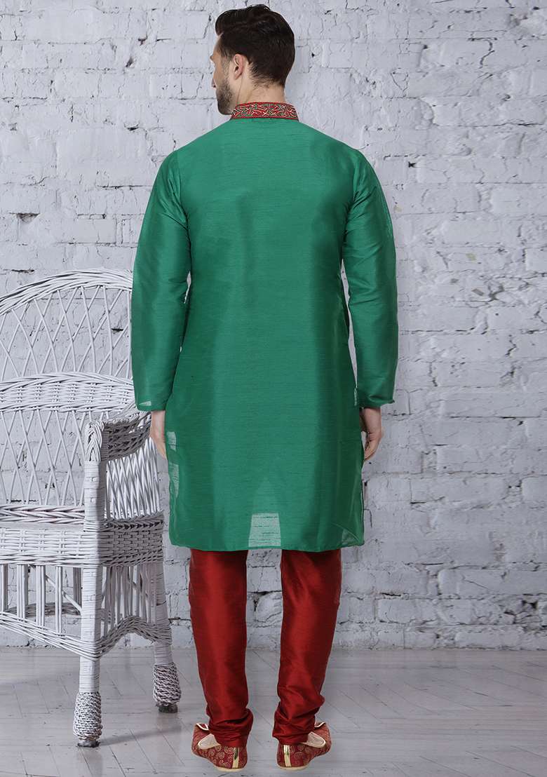 Green Embroidery Sequins Work Dupion Silk Blend Kurta Set For Men - Indya