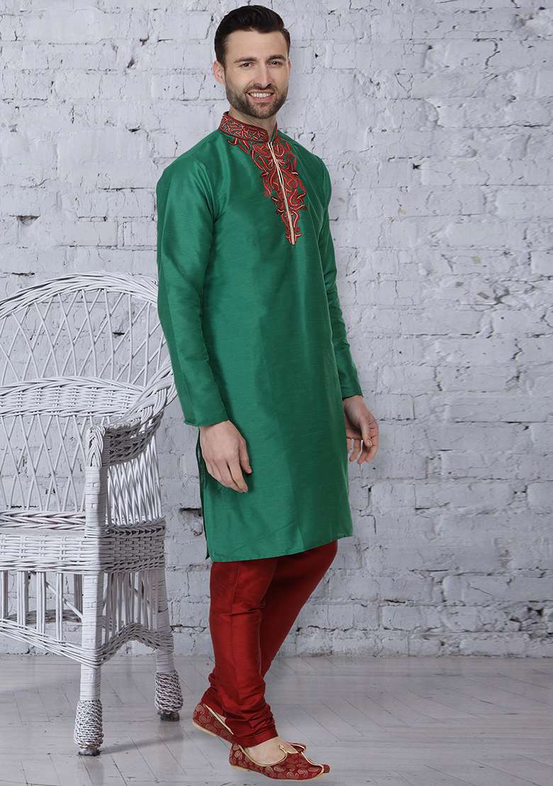 Green Embroidery Sequins Work Dupion Silk Blend Kurta Set For Men - Indya