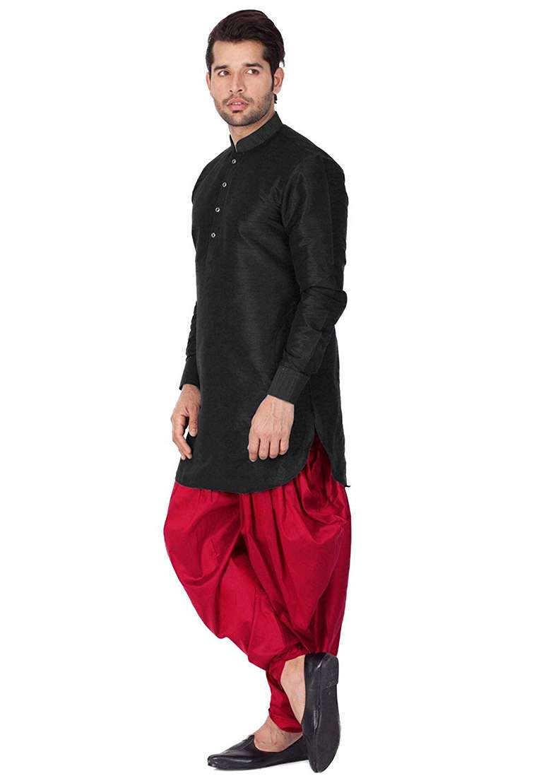 Black Embroidery Sequins Work Dupion Silk Blend Kurta Set For Men - Indya