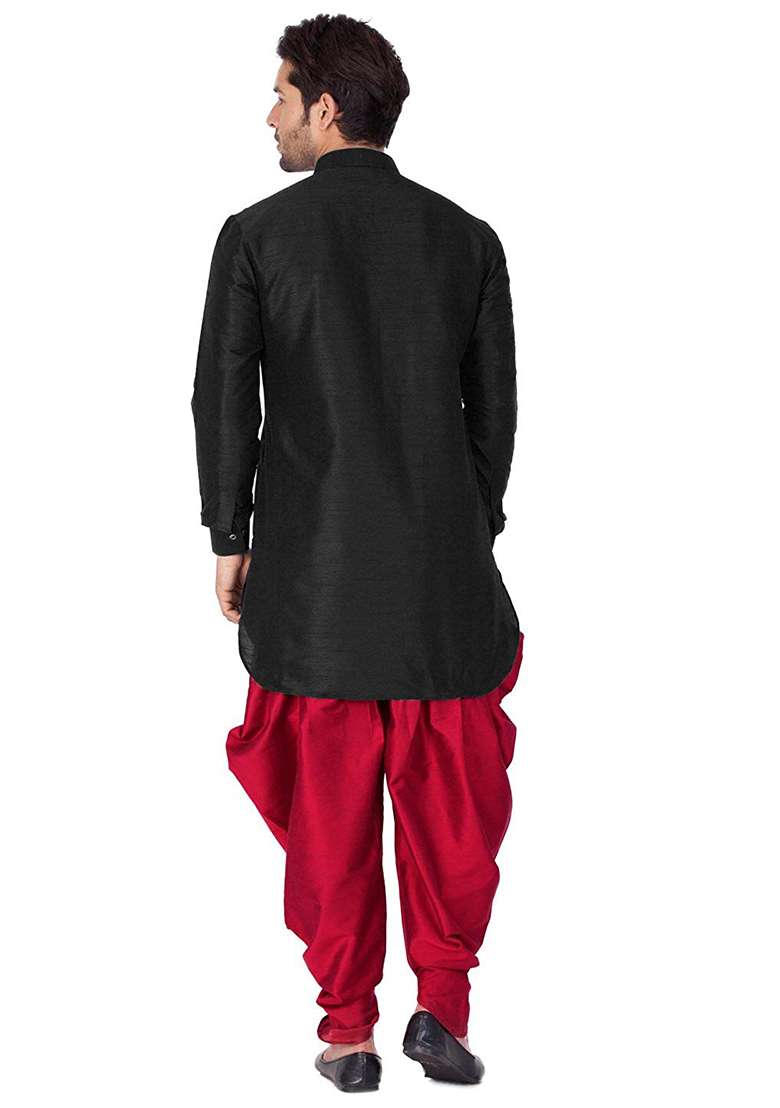 Black Embroidery Sequins Work Dupion Silk Blend Kurta Set For Men - Indya