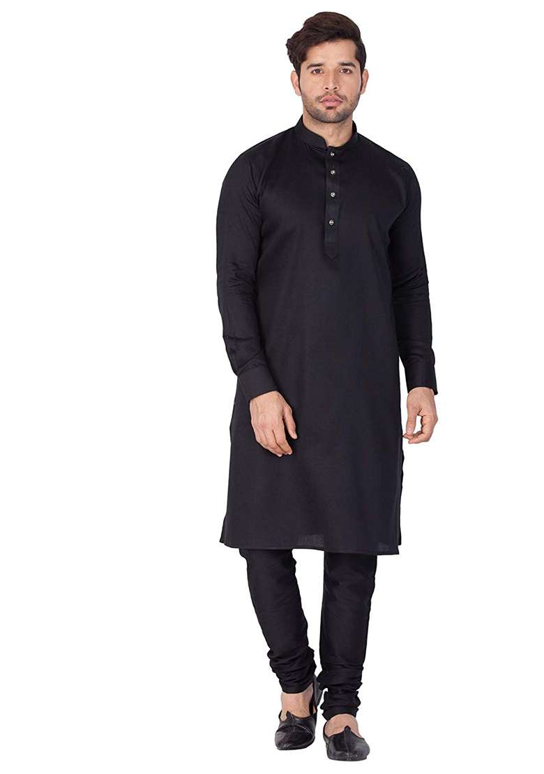 Black Embroidery Sequins Work Dupion Silk Blend Kurta Set For Men - Indya