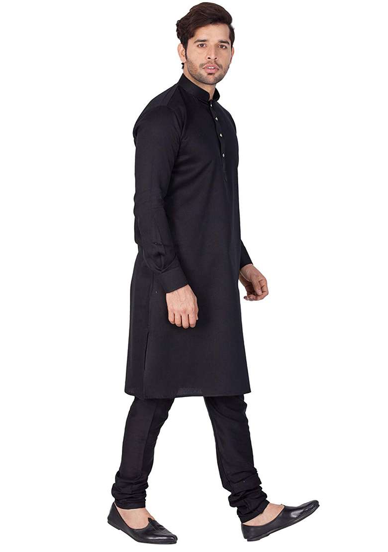 Black Embroidery Sequins Work Dupion Silk Blend Kurta Set For Men - Indya