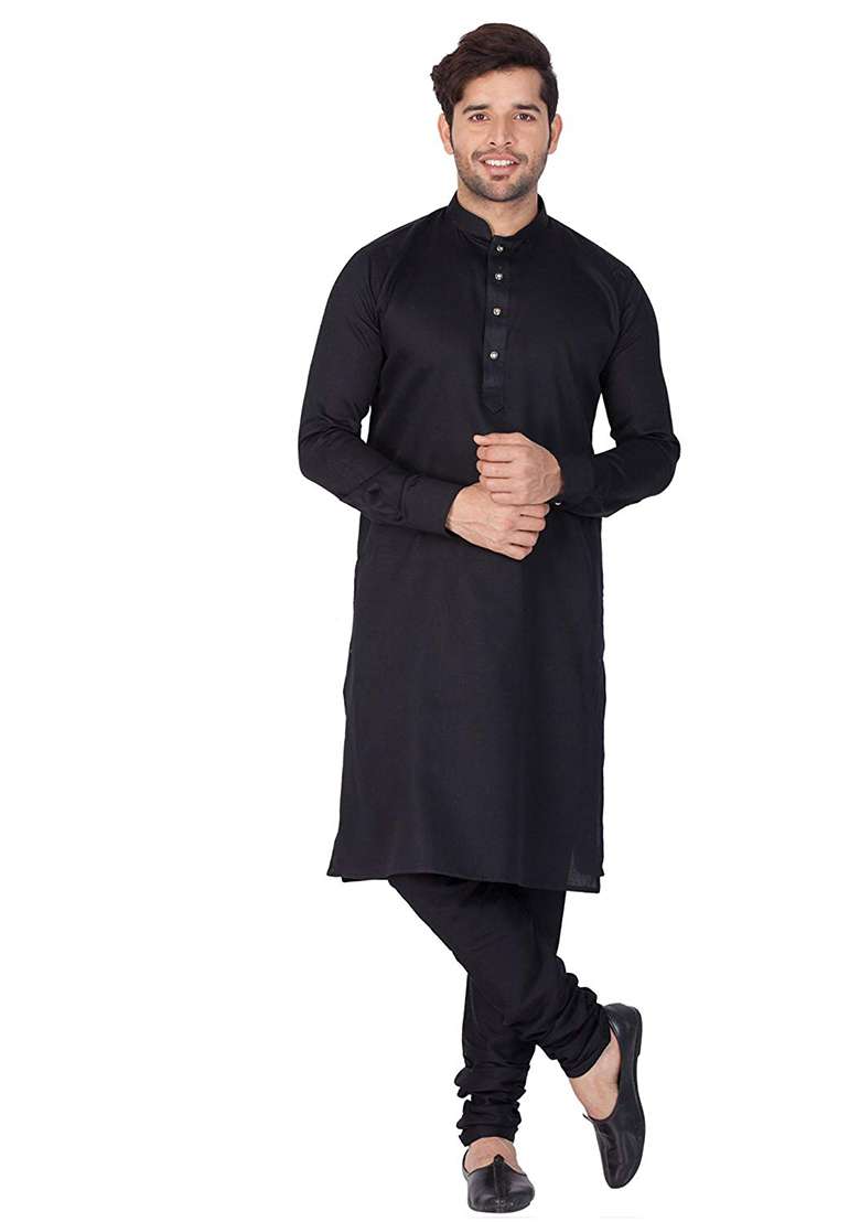 Black Embroidery Sequins Work Dupion Silk Blend Kurta Set For Men - Indya