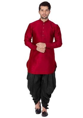 Maroon Embroidery Sequins Work Dupion Silk Kurta Set For Men