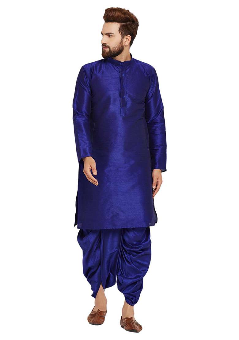 Royal Blue Embroidery Sequins Work Dupion Silk Blend Kurta Set For Men - Indya