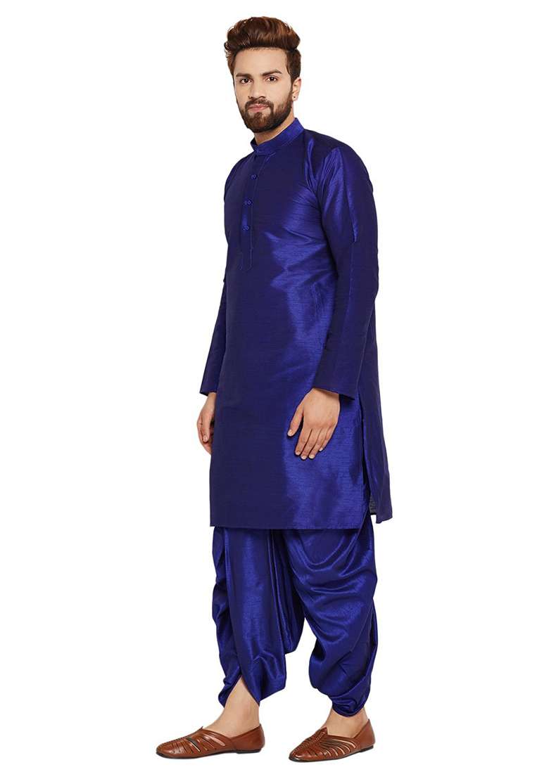 Royal Blue Embroidery Sequins Work Dupion Silk Blend Kurta Set For Men - Indya