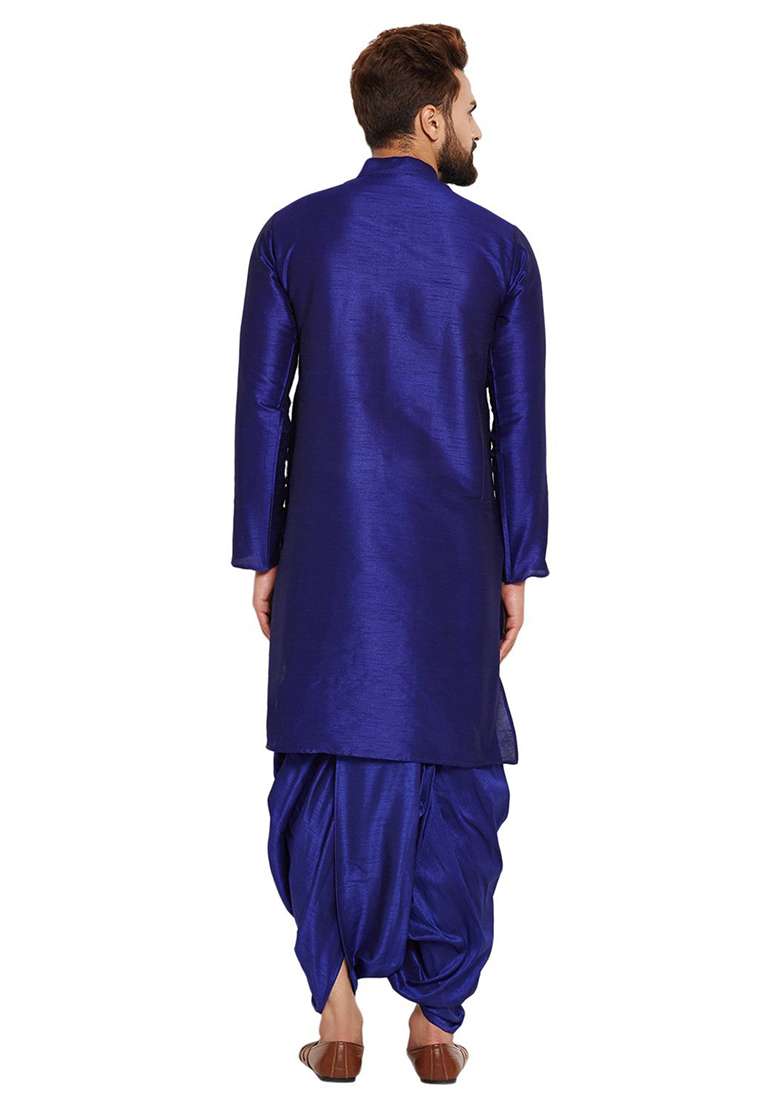 Royal Blue Embroidery Sequins Work Dupion Silk Blend Kurta Set For Men - Indya