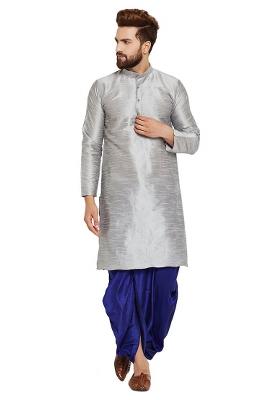 Steel Grey Embroidery Sequins Work Dupion Silk Blend Kurta Set For Men