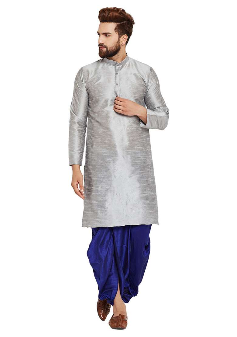 Steel Grey Embroidery Sequins Work Dupion Silk Blend Kurta Set For Men - Indya