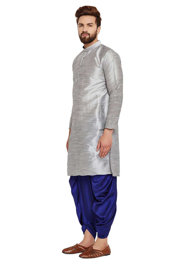 Steel Grey Embroidery Sequins Work Dupion Silk Blend Kurta Set For Men - Indya