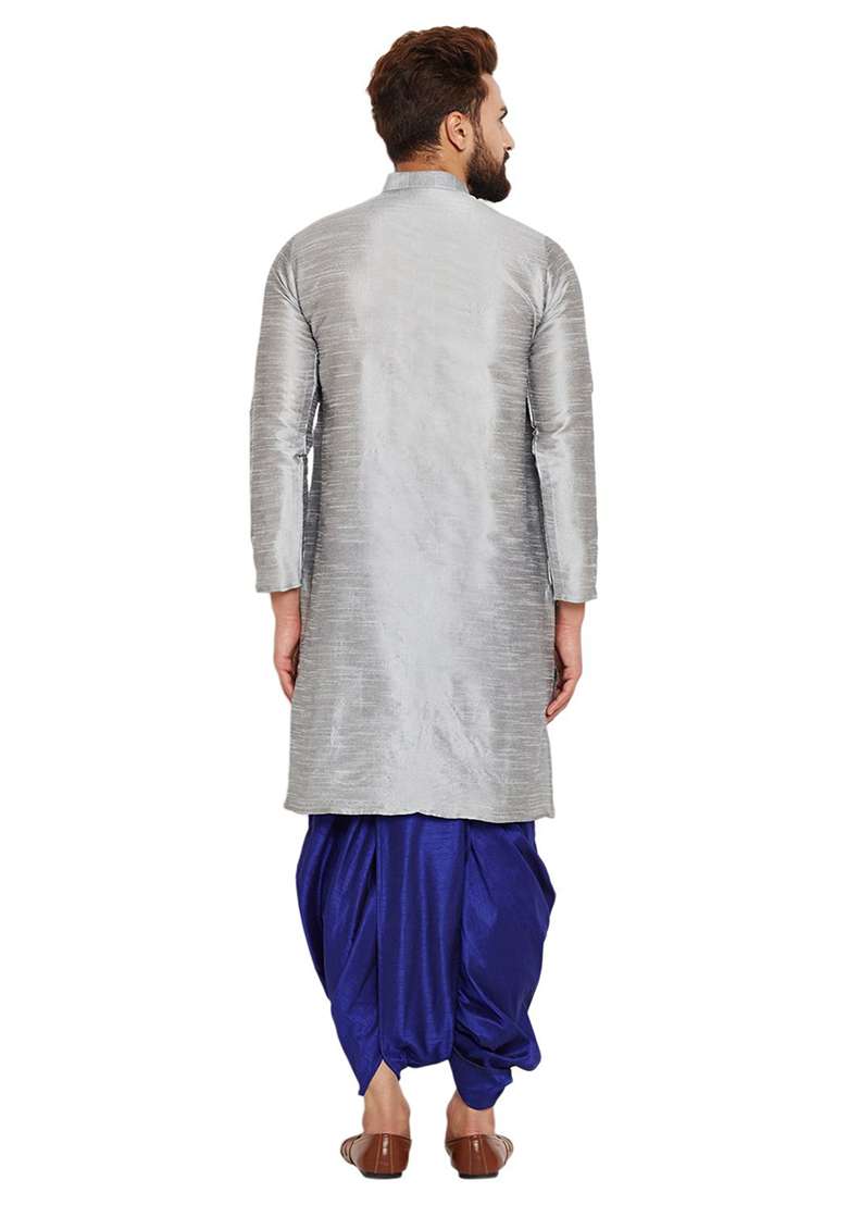 Steel Grey Embroidery Sequins Work Dupion Silk Blend Kurta Set For Men - Indya