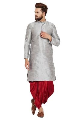 Steel Grey Embroidery Sequins Work Dupion Silk Blend Kurta Set For Men