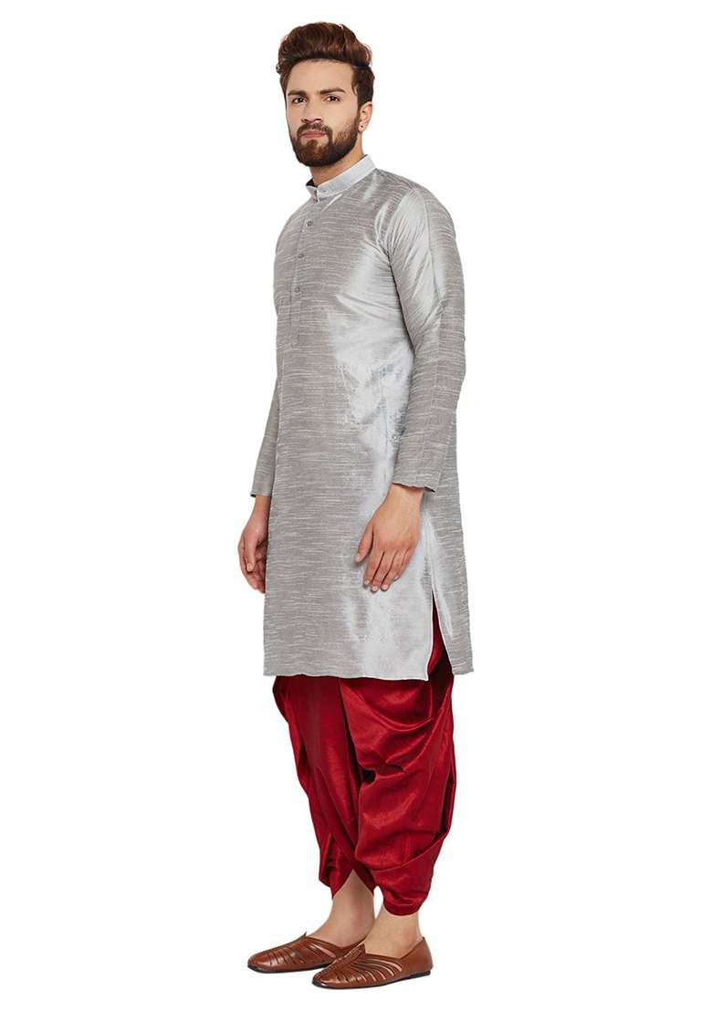 Steel Grey Embroidery Sequins Work Dupion Silk Blend Kurta Set For Men - Indya