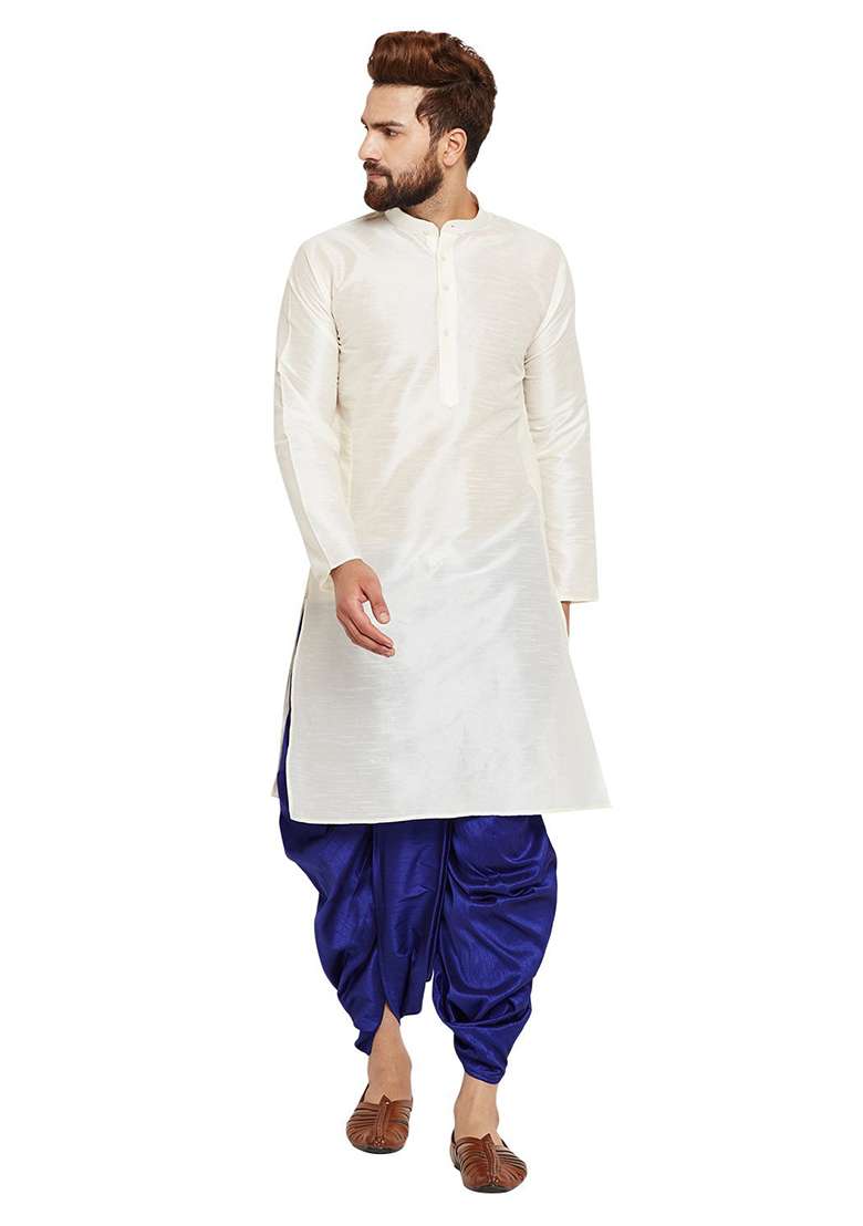 White Embroidery Sequins Work Dupion Silk Blend Kurta Set For Men - Indya