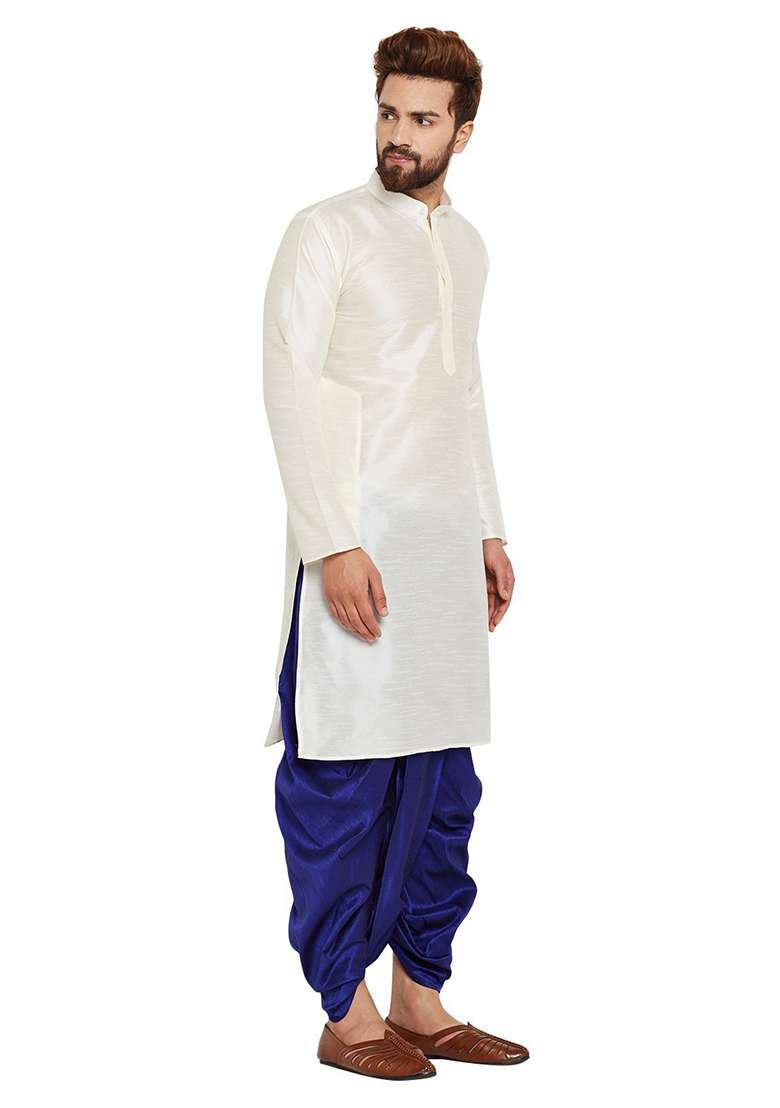 White Embroidery Sequins Work Dupion Silk Blend Kurta Set For Men - Indya