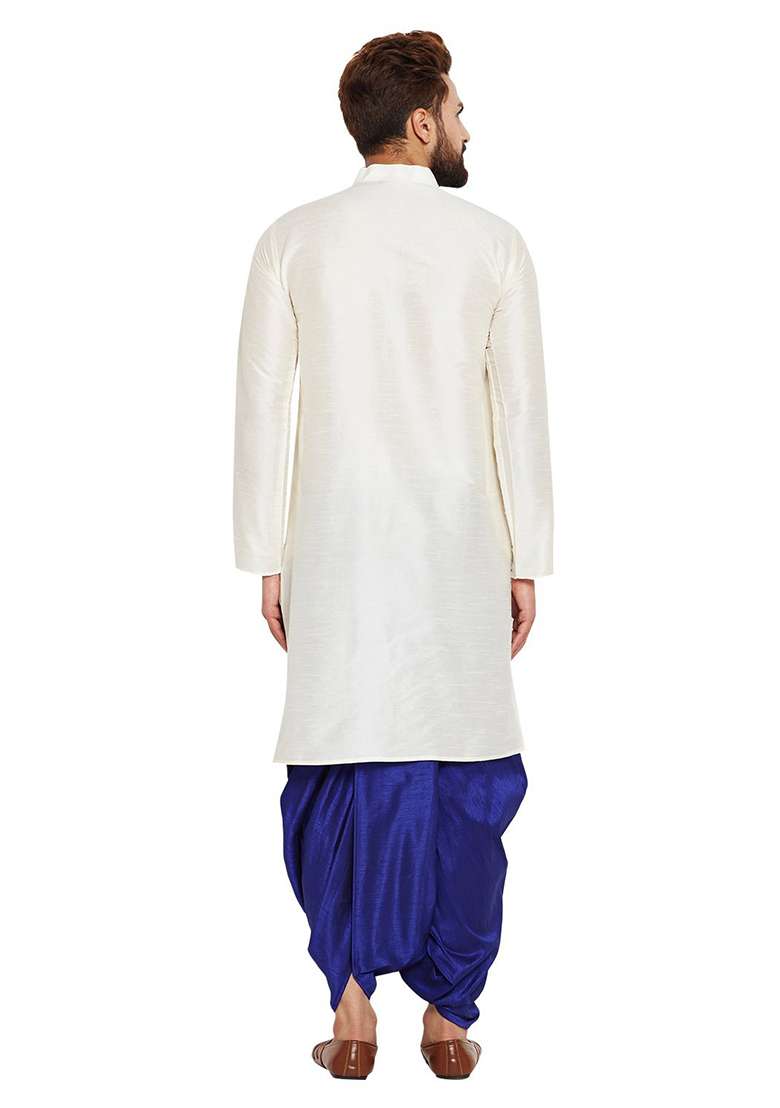 White Embroidery Sequins Work Dupion Silk Blend Kurta Set For Men - Indya