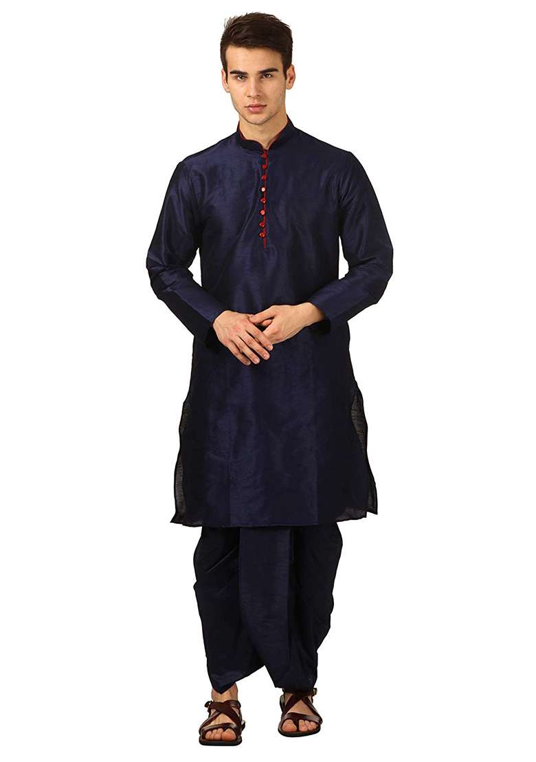 Navy Blue Embroidery Sequins Work Dupion Silk Blend Kurta Set For Men - Indya