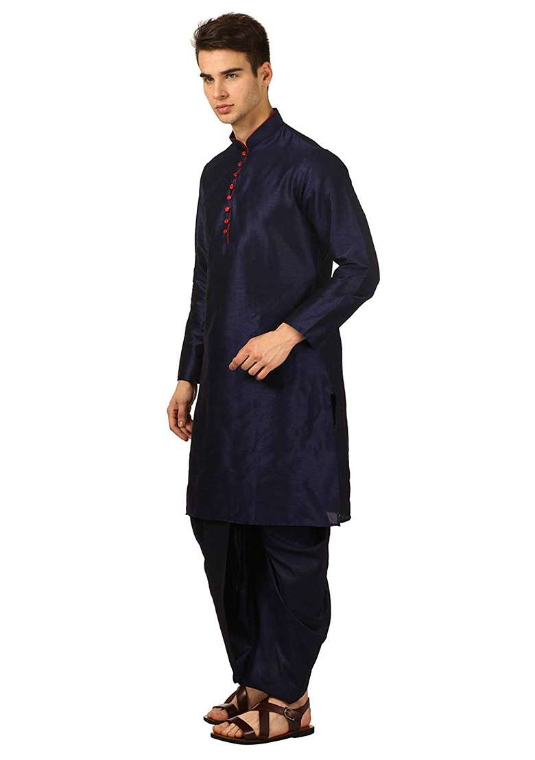 Navy Blue Embroidery Sequins Work Dupion Silk Blend Kurta Set For Men - Indya