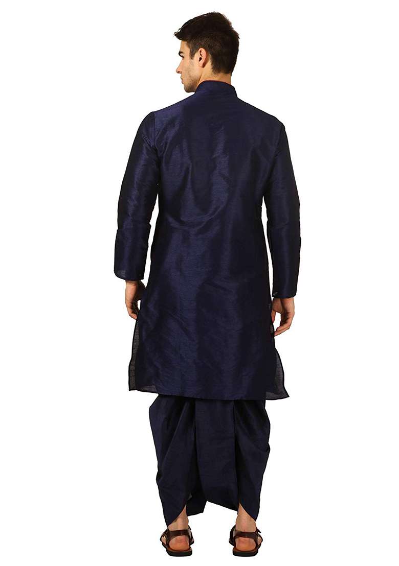 Navy Blue Embroidery Sequins Work Dupion Silk Blend Kurta Set For Men - Indya