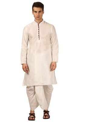 White Embroidery Sequins Work Dupion Silk Kurta Set For Men