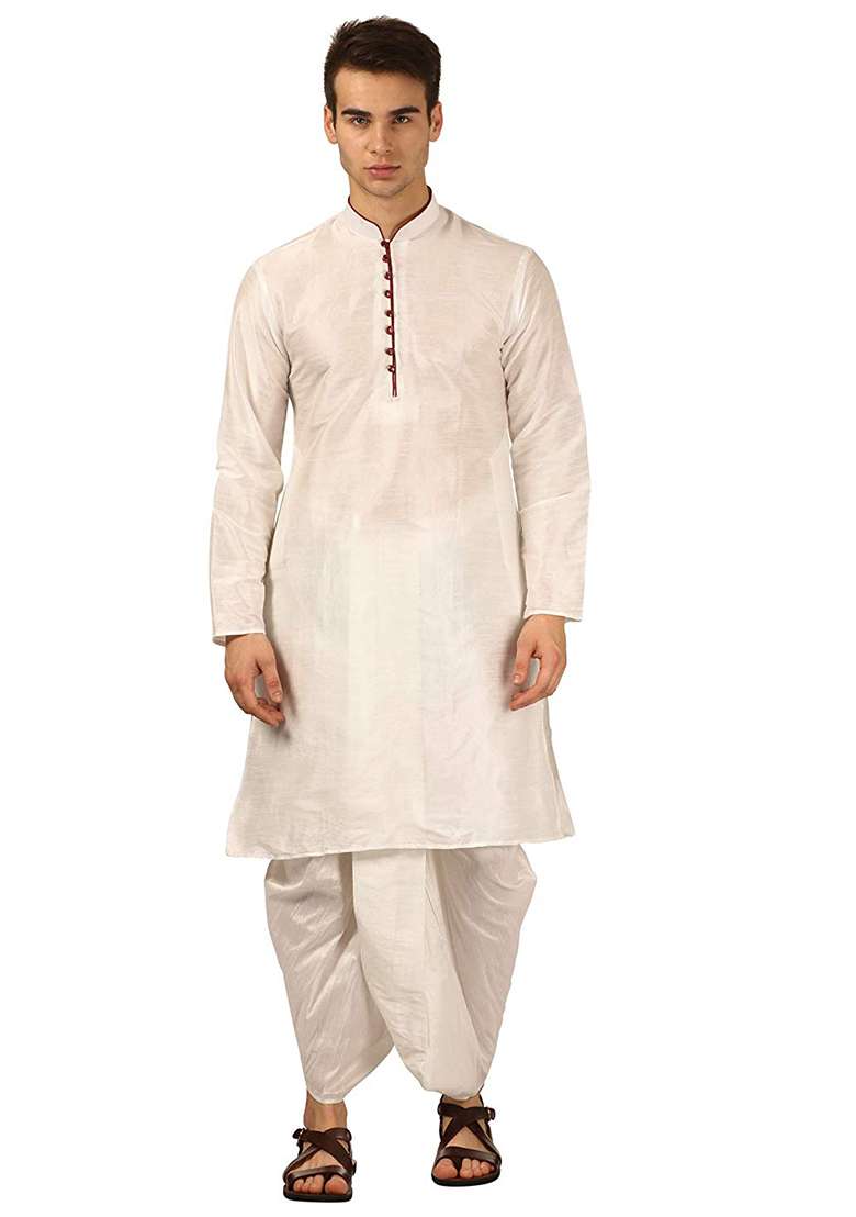 White Embroidery Sequins Work Dupion Silk Blend Kurta Set For Men - Indya