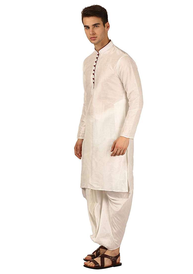 White Embroidery Sequins Work Dupion Silk Blend Kurta Set For Men - Indya
