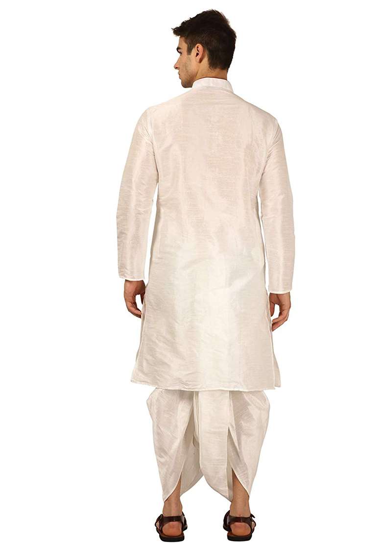 White Embroidery Sequins Work Dupion Silk Blend Kurta Set For Men - Indya