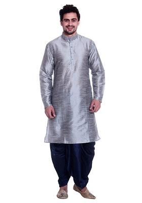 Steel Grey Embroidery Sequins Work Dupion Silk Blend Kurta Set For Men