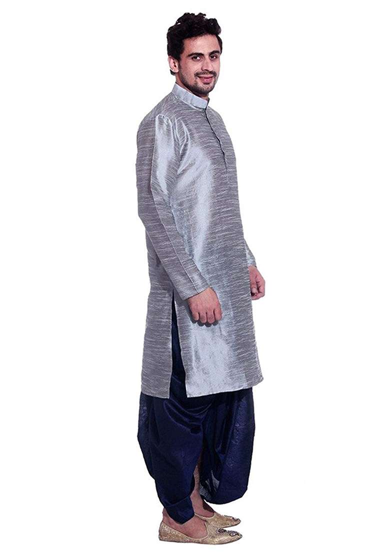 Steel Grey Embroidery Sequins Work Dupion Silk Blend Kurta Set For Men - Indya