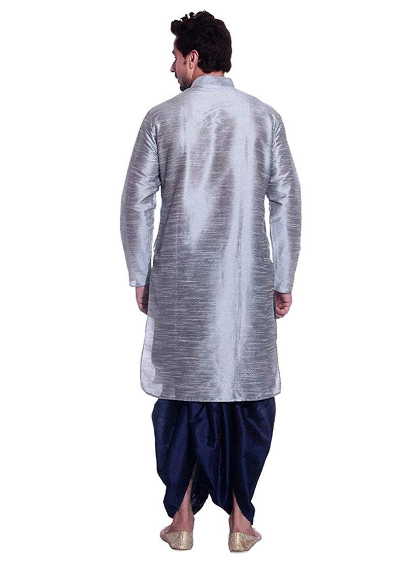 Steel Grey Embroidery Sequins Work Dupion Silk Blend Kurta Set For Men - Indya