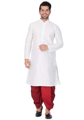 White Embroidery Sequins Work Dupion Silk Kurta Set For Men