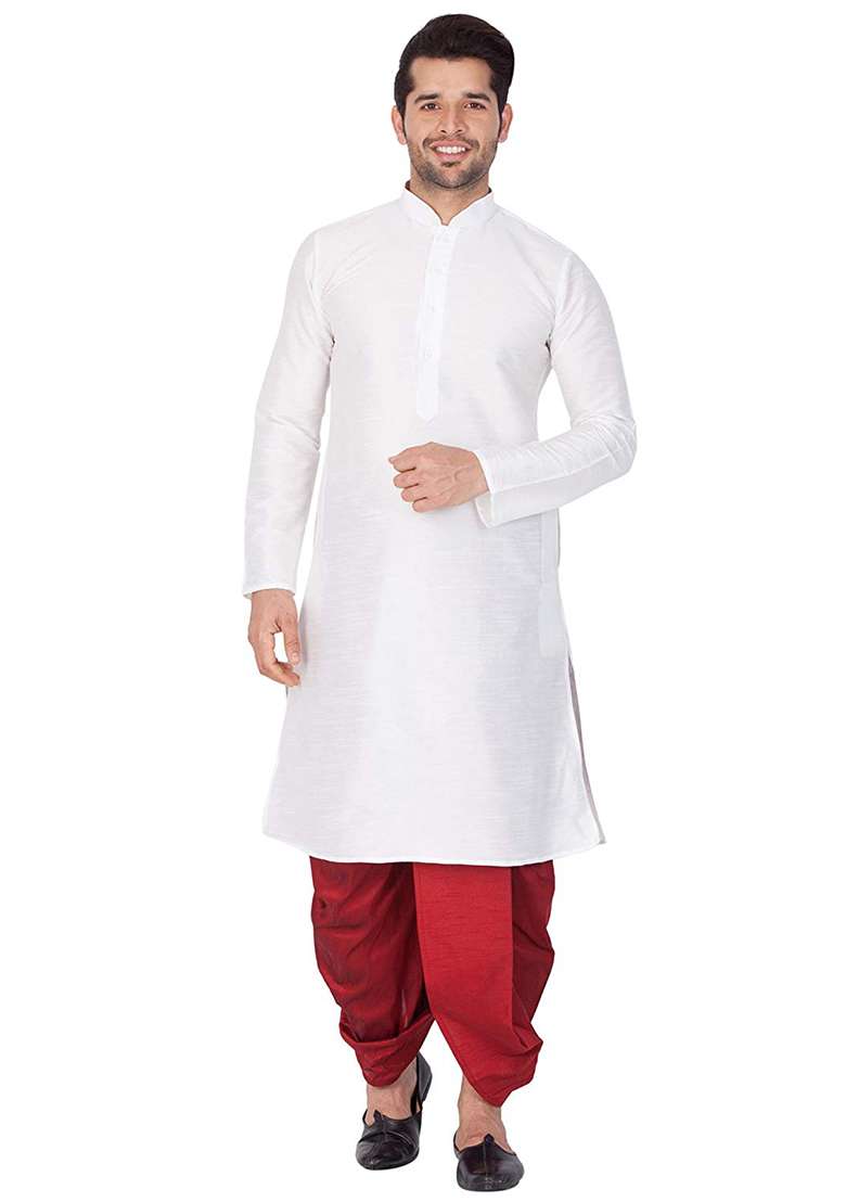 White Embroidery Sequins Work Dupion Silk Blend Kurta Set For Men - Indya
