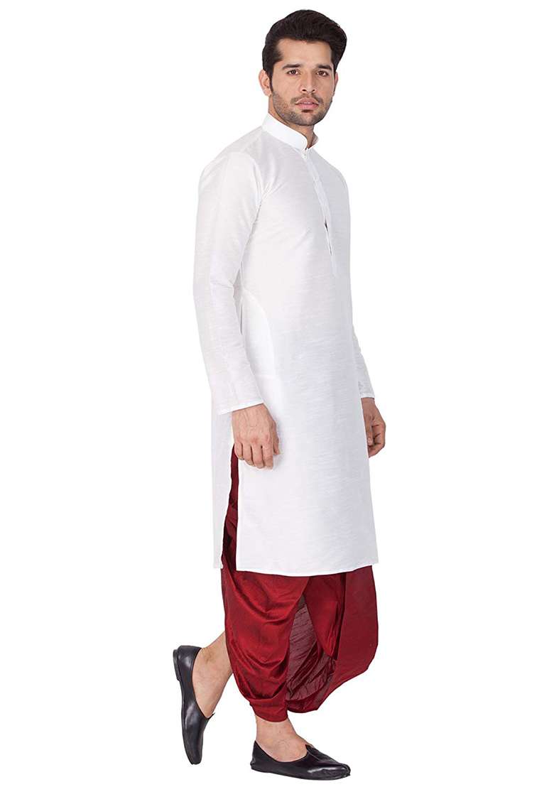 White Embroidery Sequins Work Dupion Silk Blend Kurta Set For Men - Indya