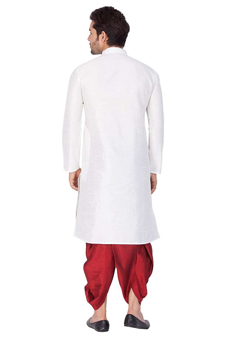 White Embroidery Sequins Work Dupion Silk Blend Kurta Set For Men - Indya