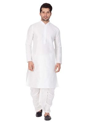 White Embroidery Sequins Work Dupion Silk Kurta Set For Men
