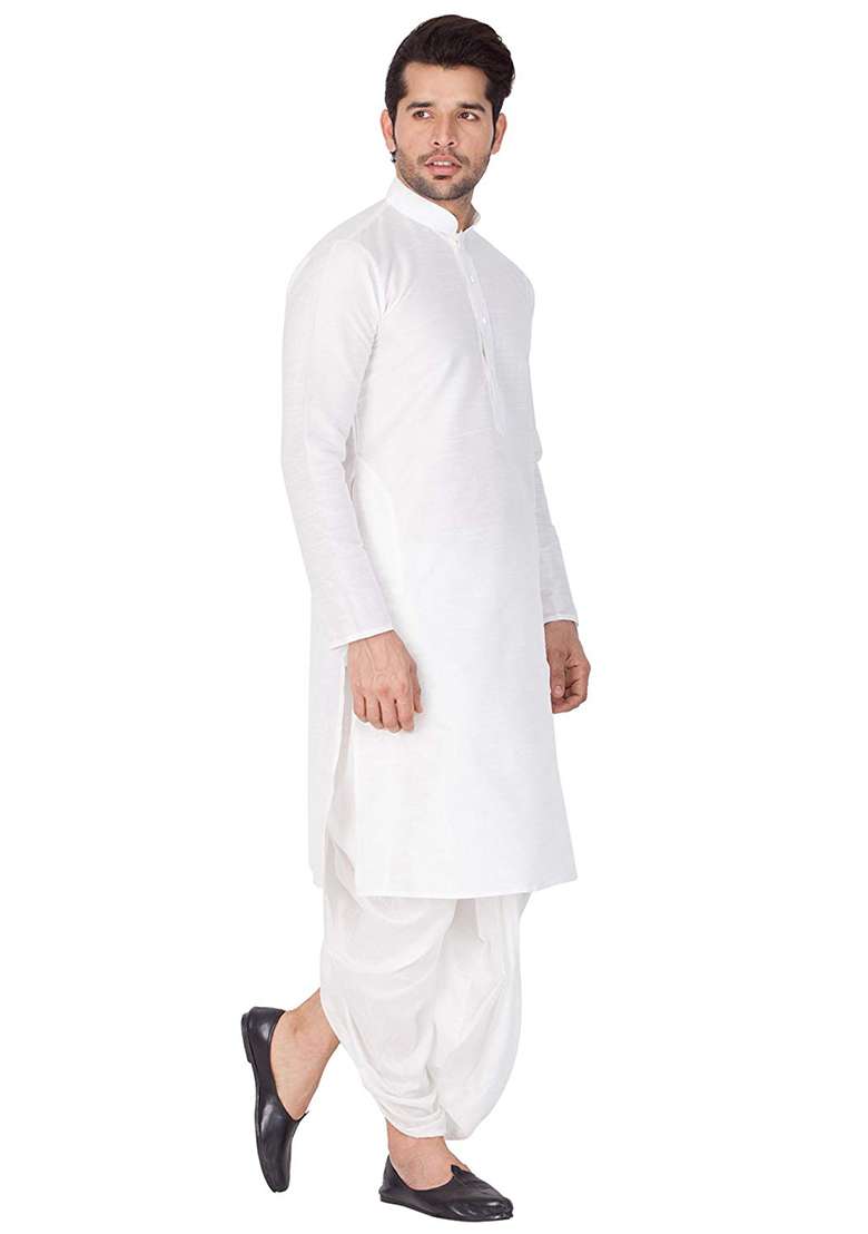 White Embroidery Sequins Work Dupion Silk Blend Kurta Set For Men - Indya