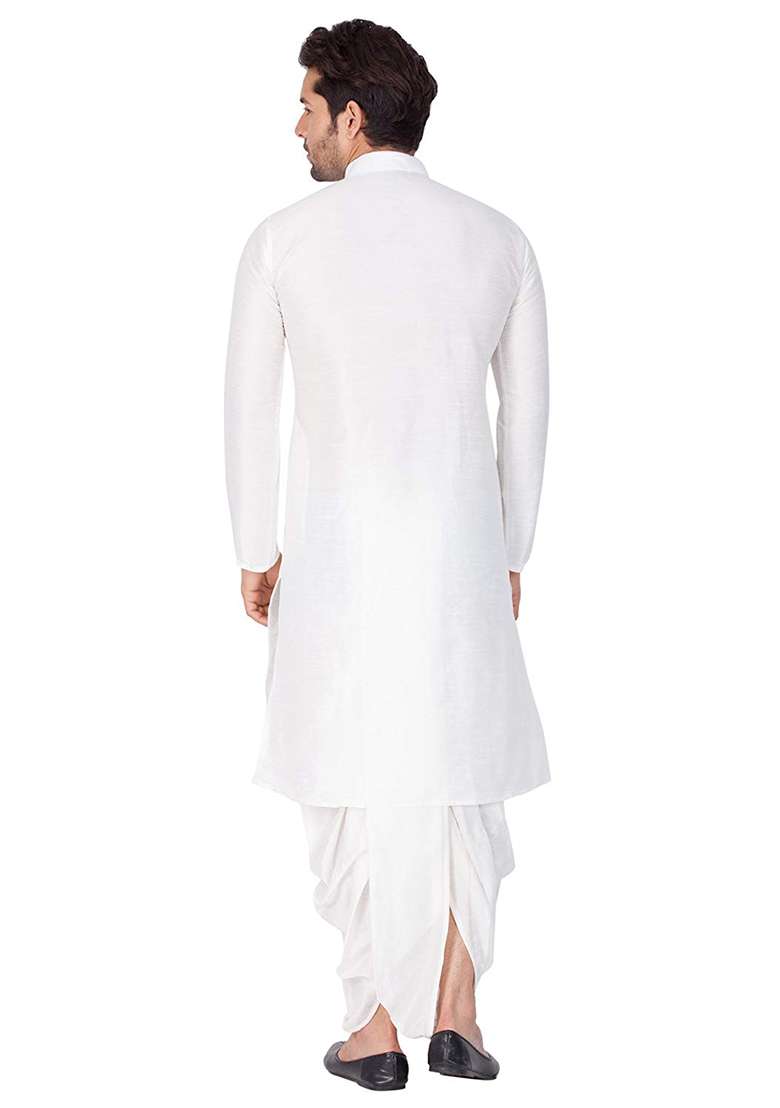 White Embroidery Sequins Work Dupion Silk Blend Kurta Set For Men - Indya