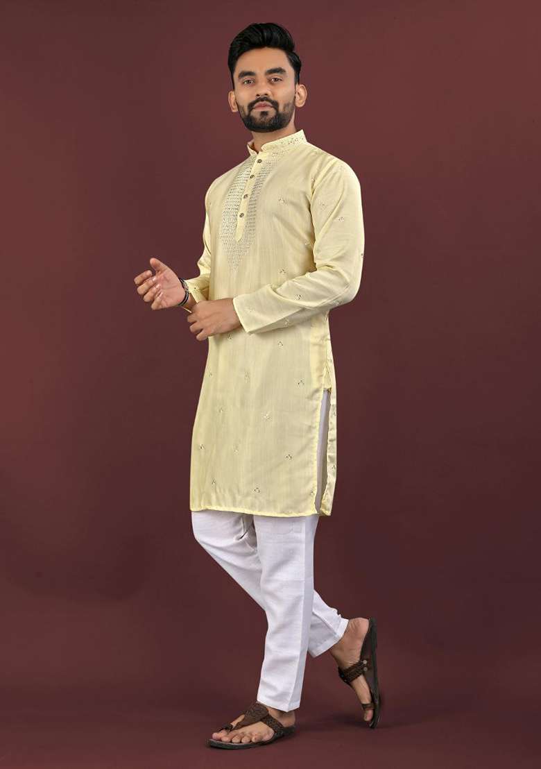 White Embroidery Sequins Work Dupion Silk Blend Kurta Set For Men - Indya