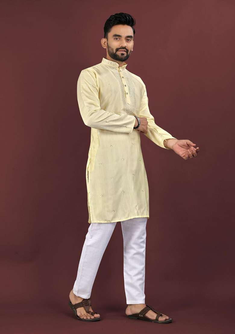 White Embroidery Sequins Work Dupion Silk Blend Kurta Set For Men - Indya