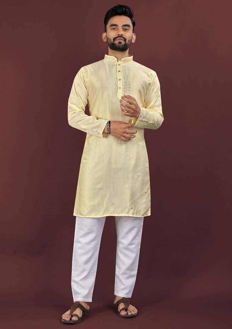 White Embroidery Sequins Work Dupion Silk Blend Kurta Set For Men - Indya