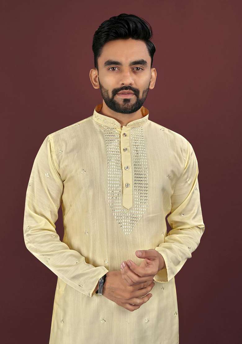 White Embroidery Sequins Work Dupion Silk Blend Kurta Set For Men - Indya