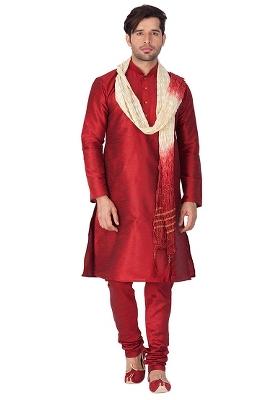 Maroon Embroidery Sequins Work Dupion Silk Kurta Set For Men