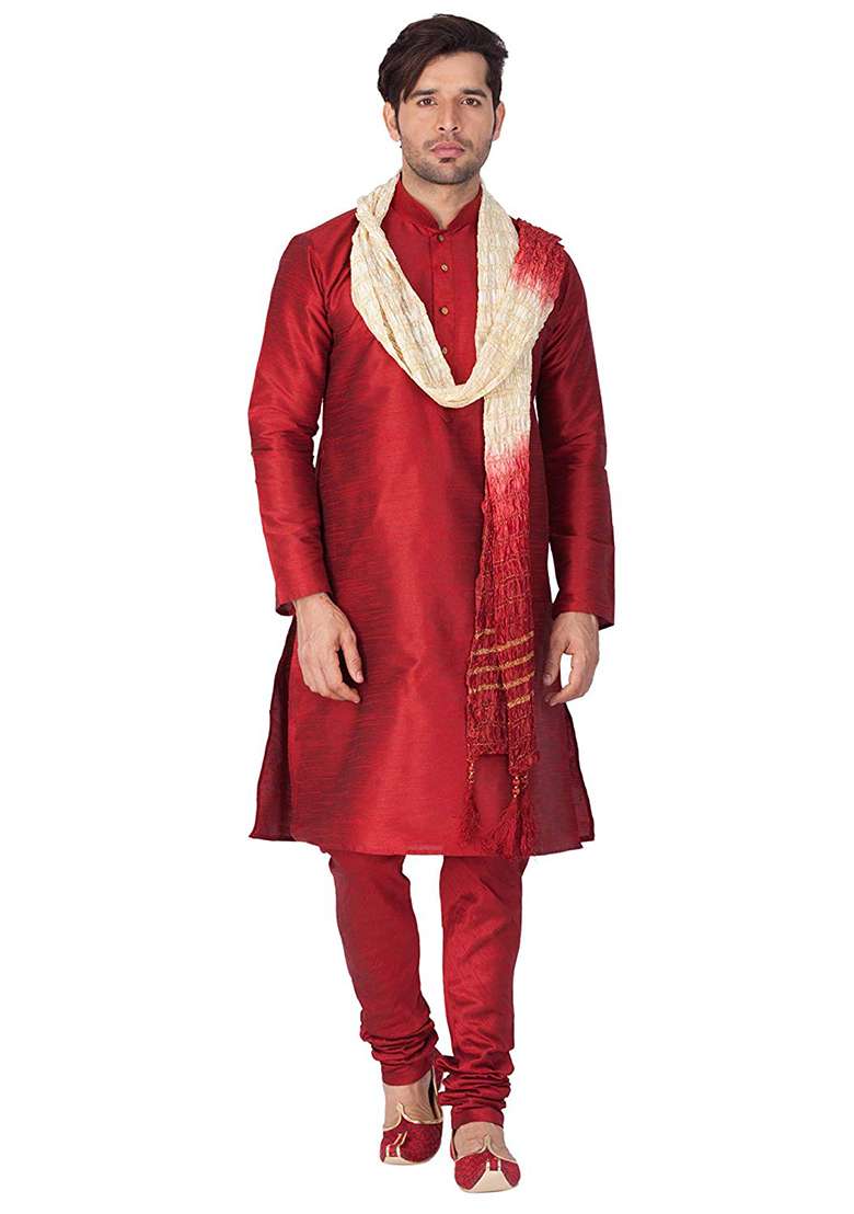 Maroon Embroidery Sequins Work Dupion Silk Blend Kurta Set For Men - Indya