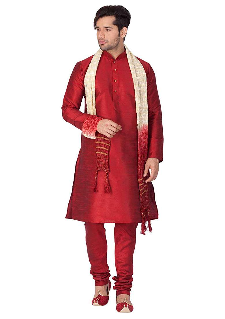 Maroon Embroidery Sequins Work Dupion Silk Blend Kurta Set For Men - Indya