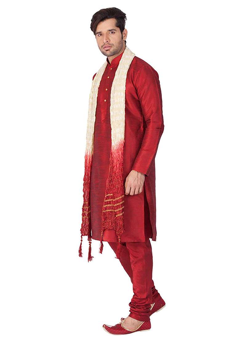Maroon Embroidery Sequins Work Dupion Silk Blend Kurta Set For Men - Indya