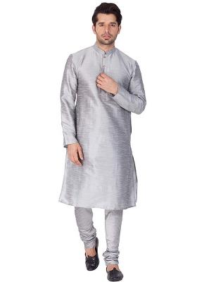 Steel Grey Embroidery Sequins Work Dupion Silk Blend Kurta Set For Men