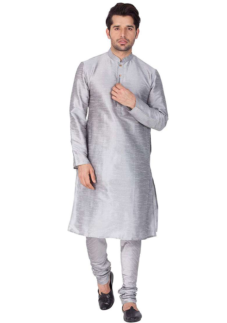 Steel Grey Embroidery Sequins Work Dupion Silk Blend Kurta Set For Men - Indya