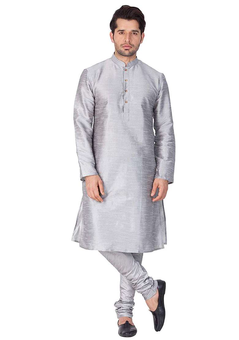 Steel Grey Embroidery Sequins Work Dupion Silk Blend Kurta Set For Men - Indya