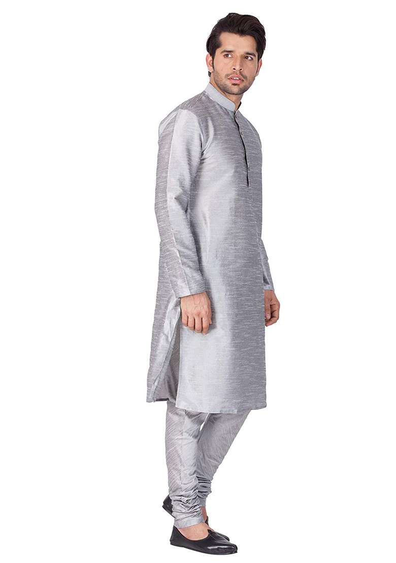 Steel Grey Embroidery Sequins Work Dupion Silk Blend Kurta Set For Men - Indya